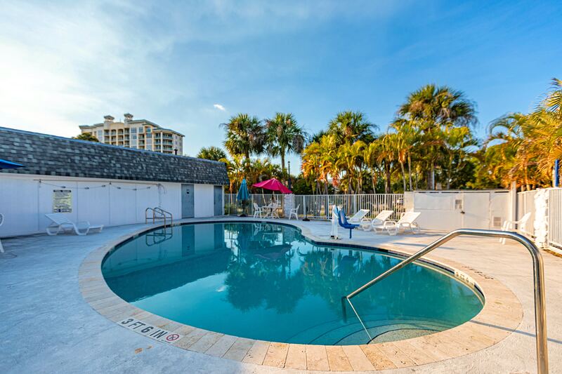 Outdoor pool surrounded by palm trees